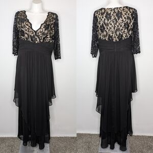 Eliza J black tan lace v neck 3/4 sleeve maxi evening gown 16W